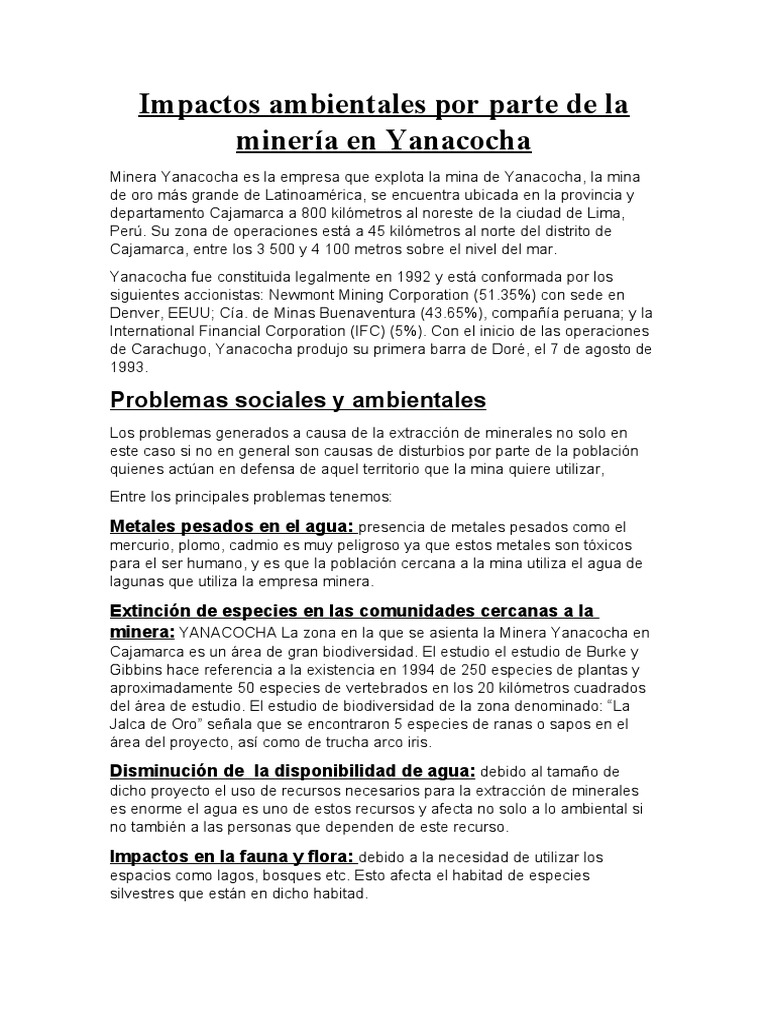 Impactos ambientales de la minería Yanacocha | PDF | Minería | Naturaleza