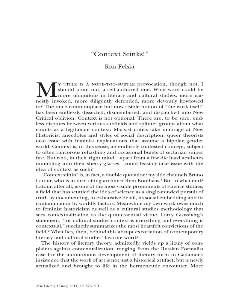"Context Stinks!" Rita Felski PDF Internalism And Externalism Cultural Studies