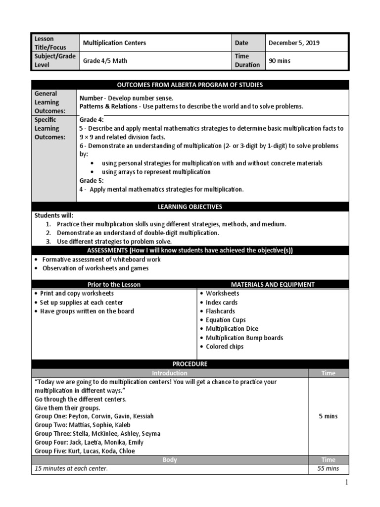 Grade 4-5 Multiplication Centers Lesson | PDF | Pedagogy | Behavior ...