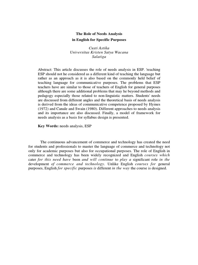 The Role of Needs Analysis in English For Specific PDF | PDF | English ...