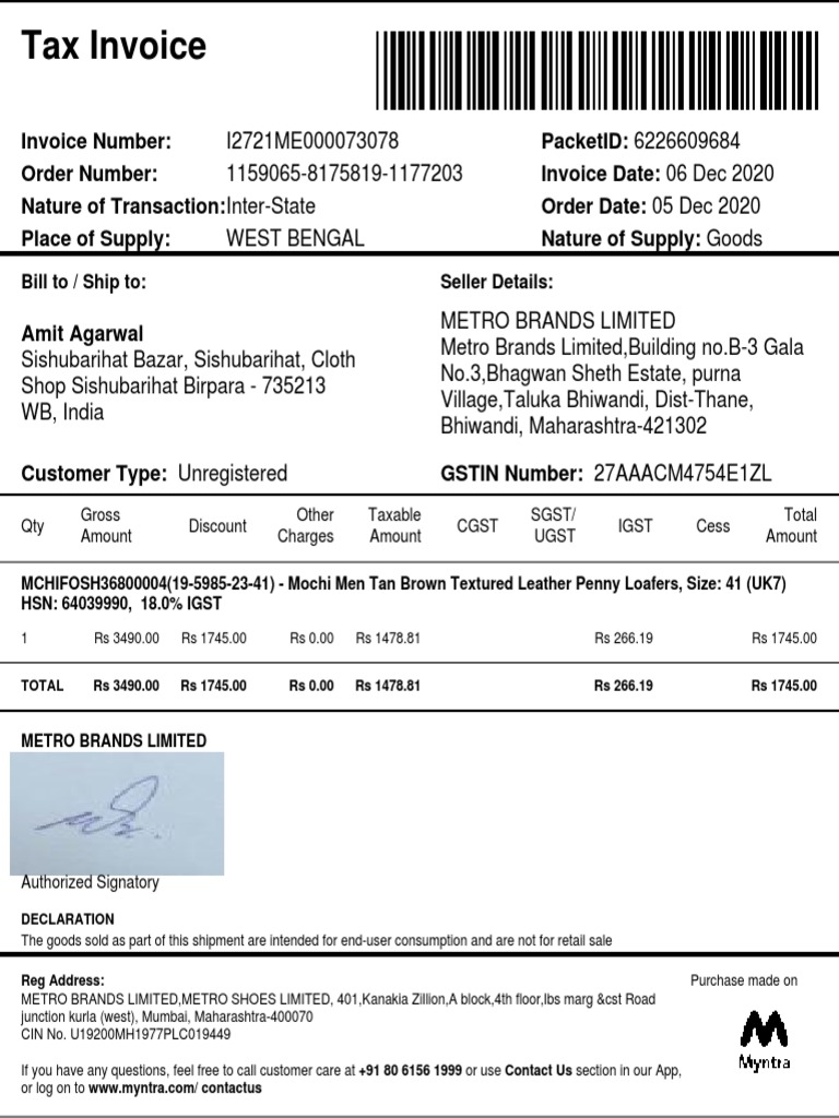 Tax Invoice for Metro Brands Purchase | PDF | Trade | Payments