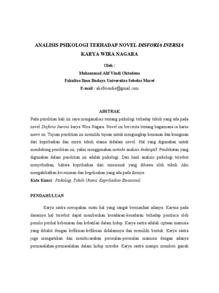 Analisis Psikologi Terhadap Novel Disforia Inersia Karya Wira Nagara Docx