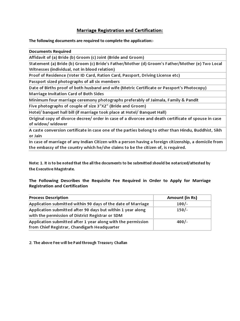 Marriage Registration Document Requirements | PDF | Affidavit | Marriage