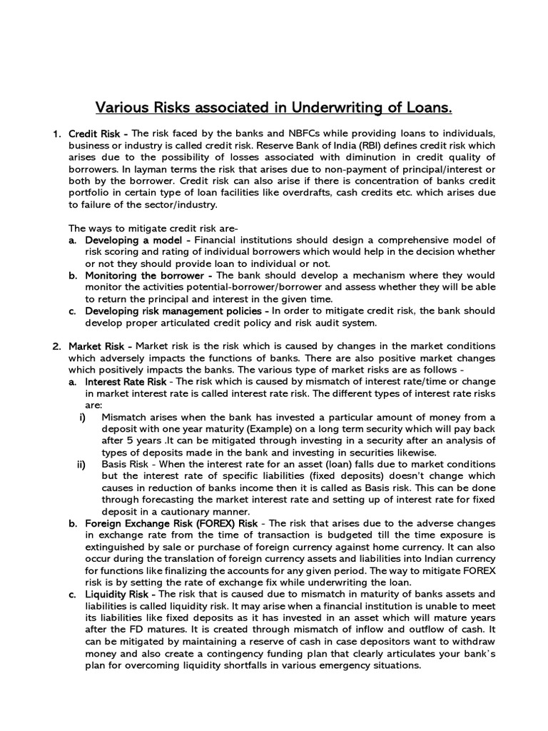 Variuos Risk Involved in Underwriting of Loans | PDF | Banks | Credit Risk