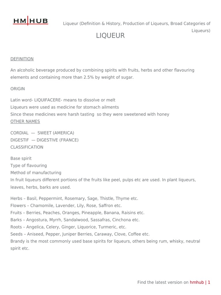 Liqueur (Definition & History, Production of Liqueurs, Broad Categories