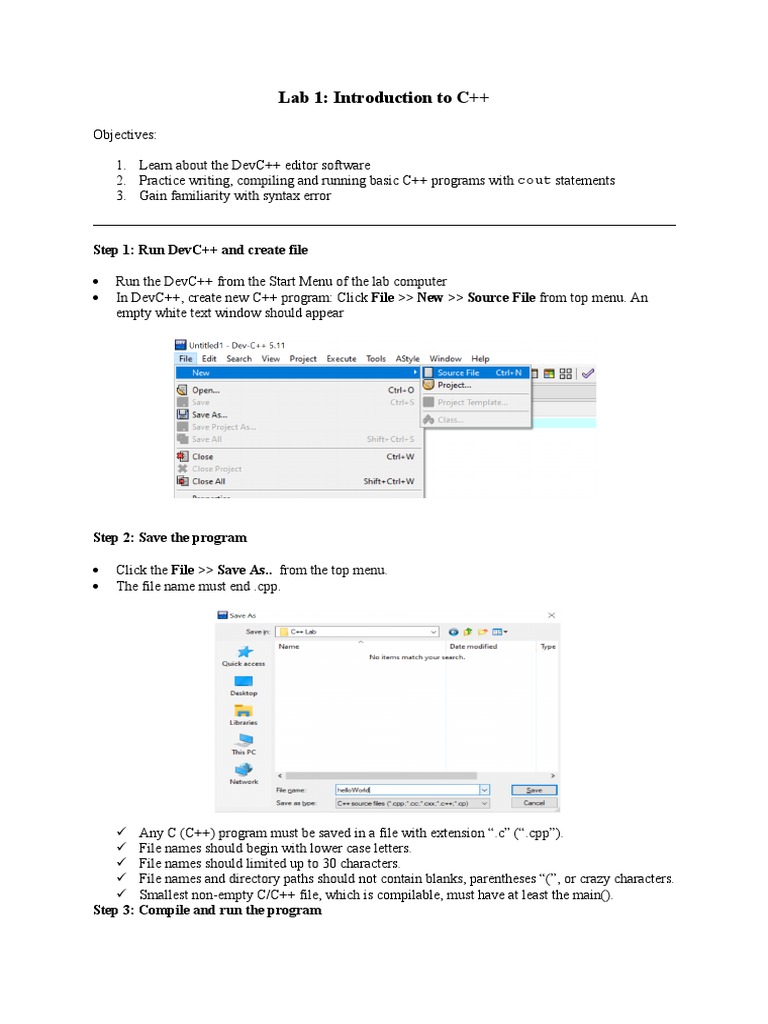 Lab 1: Introduction To C++: Step 1: Run Devc++ and Create File | PDF ...