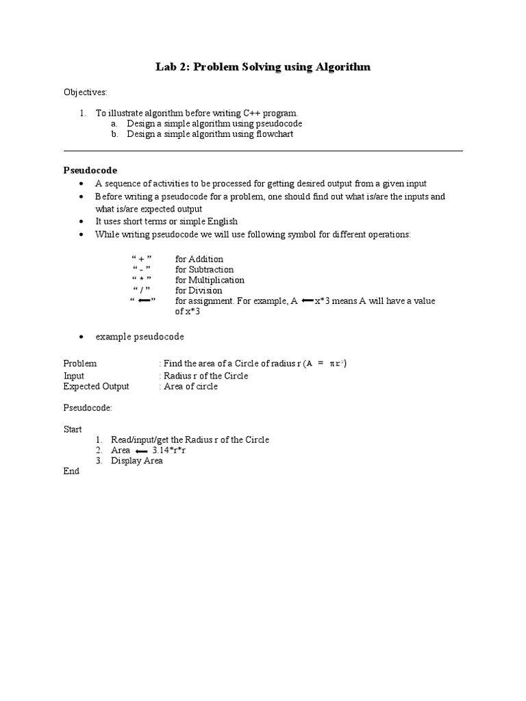 Lab 2: Problem Solving Using Algorithm: Pseudocode | PDF | Algorithms ...