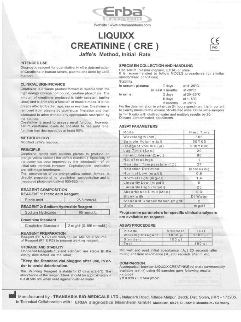 Erba Creatinine Test Procedure Guide | PDF | Creatinine | Kidney