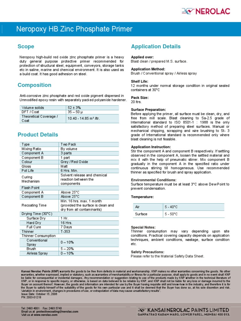 Neropoxy HB Zinc Phosphate Primer PDF Paint Industrial Processes