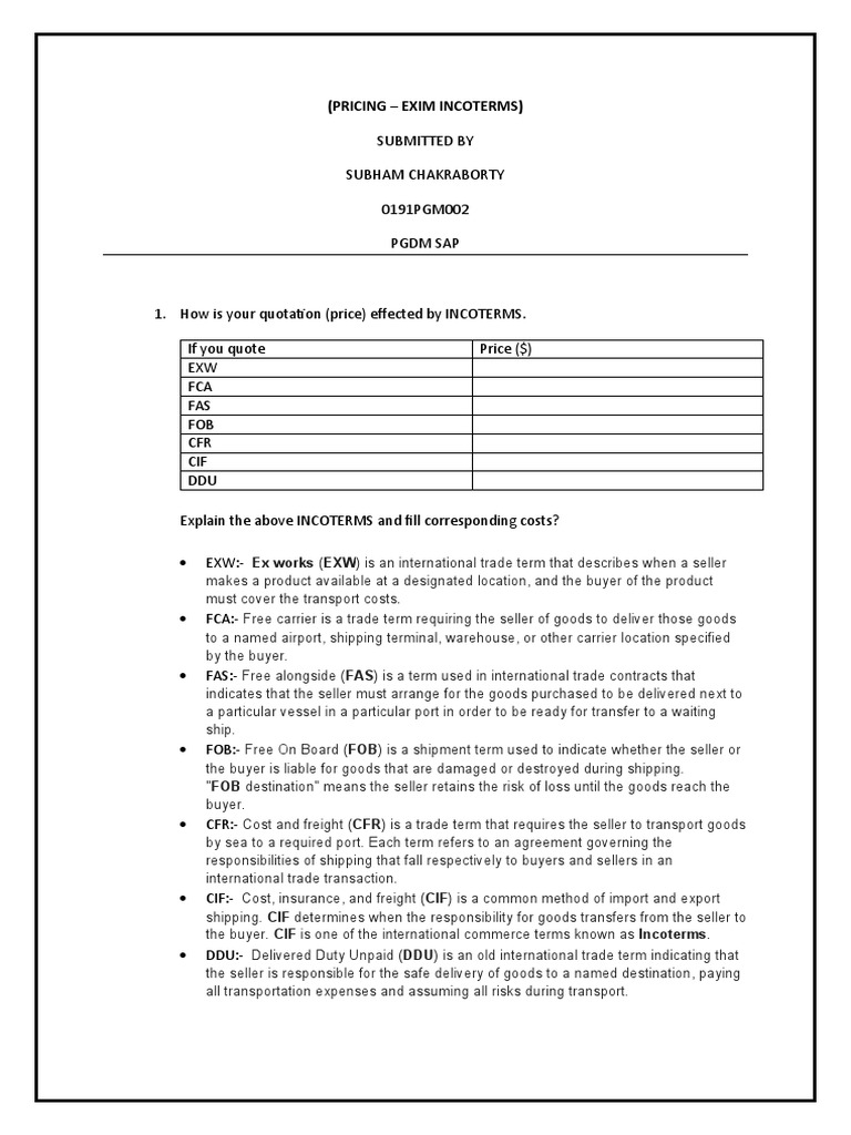 Exim Incoterms Services Economics Trade