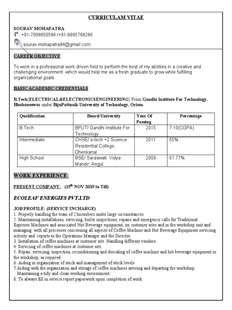 CV of Sourav Mohapatra - Electrical Engineer | PDF | Computing | Science
