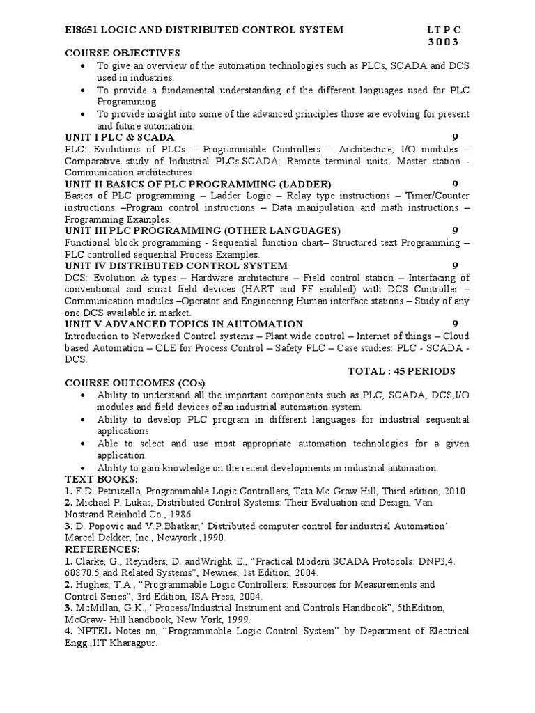 LDCS Syllabus PDF Programmable Logic Controller Scada
