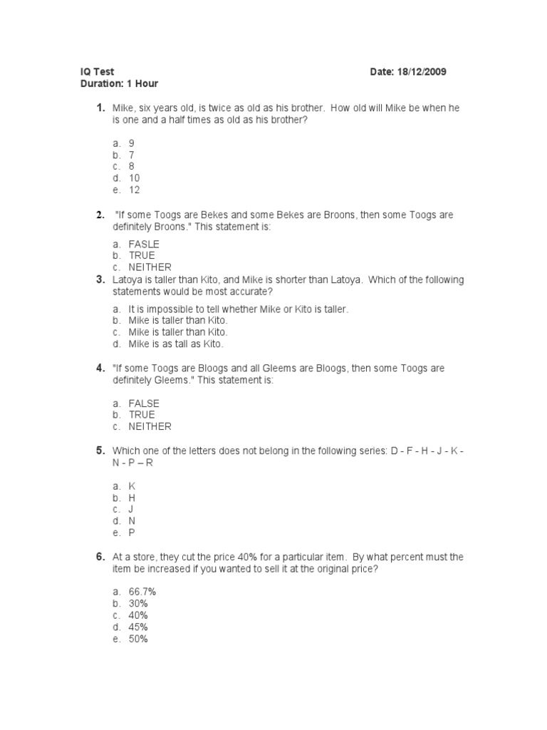IQ Test Questions and Answers | PDF | Teaching Methods & Materials