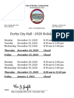 Derby City Hall December 2020 Holiday Schedule