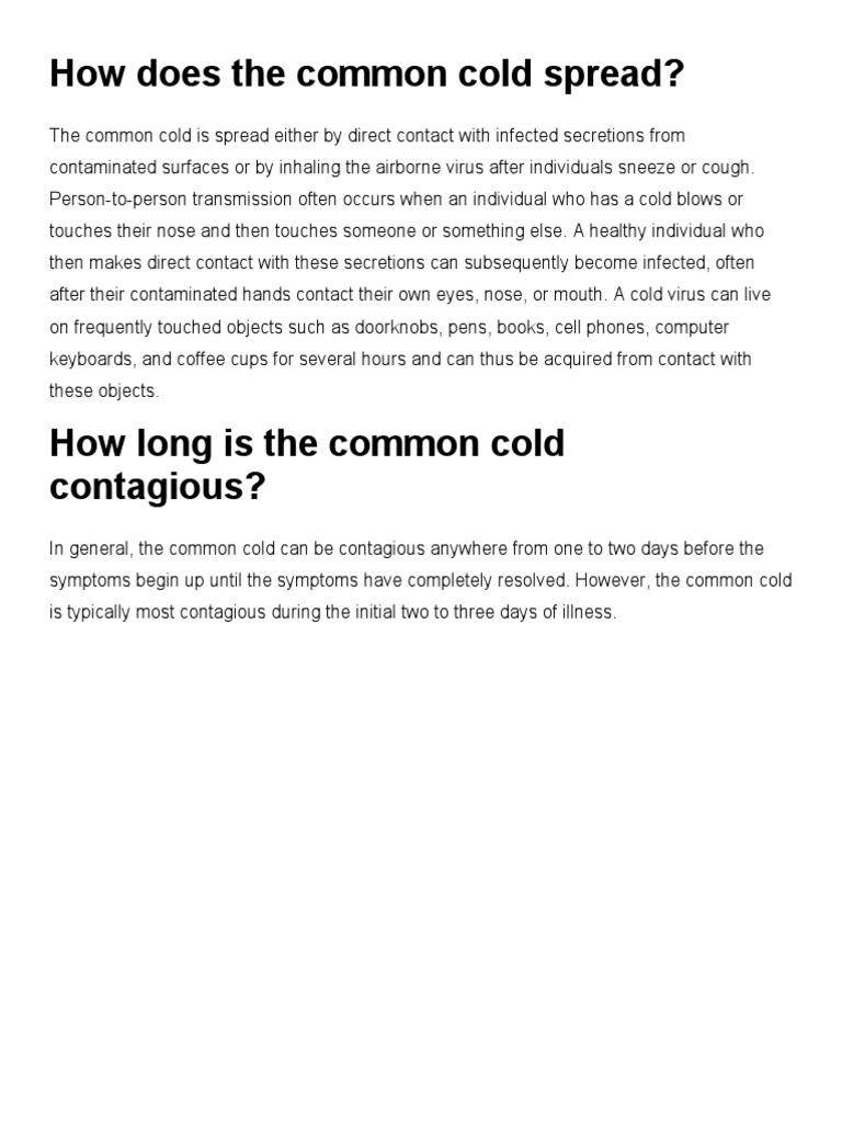 How the Common Cold Spreads and Contagion | PDF