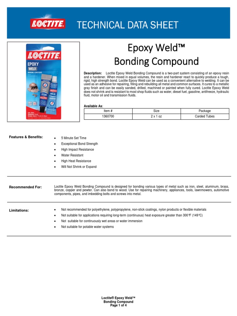TDS 1360700 US Loctite Epoxy Weld Bonding Compound Carded Tubes 2 X 1