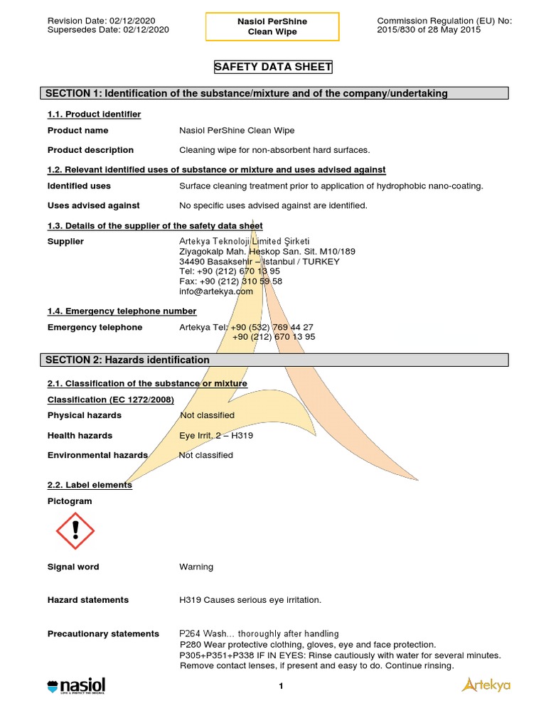 SDS Nasiol PerShine Clean Wipe v0.1 PDF Dangerous Goods Toxicity