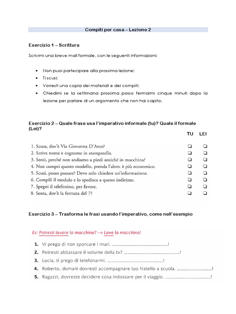 Italian Level 2 + Compiti Per Casa Lezione 2 | PDF