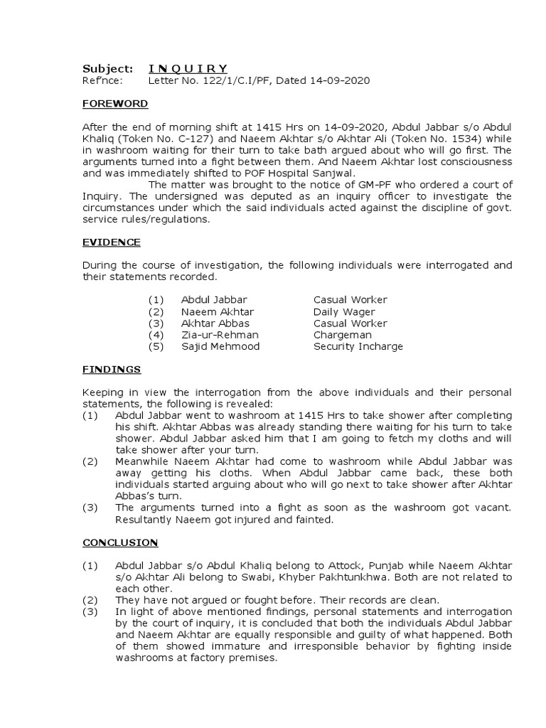 Inquiry Report on Washroom Fight Incident | PDF | Social Institutions ...
