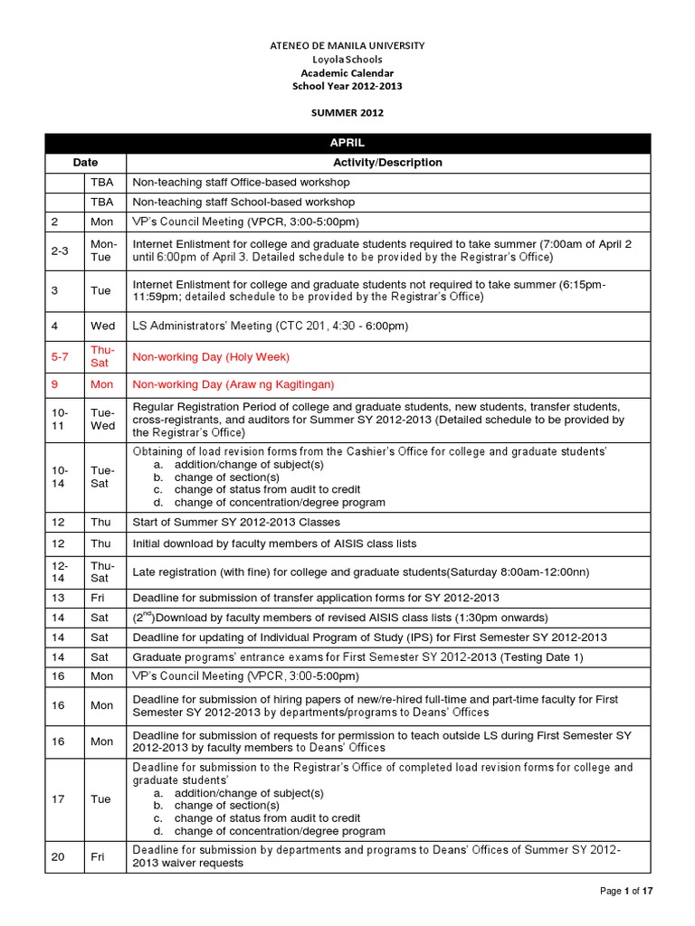 Academic Calendar SY 12-13 | PDF | Graduate School | Sat
