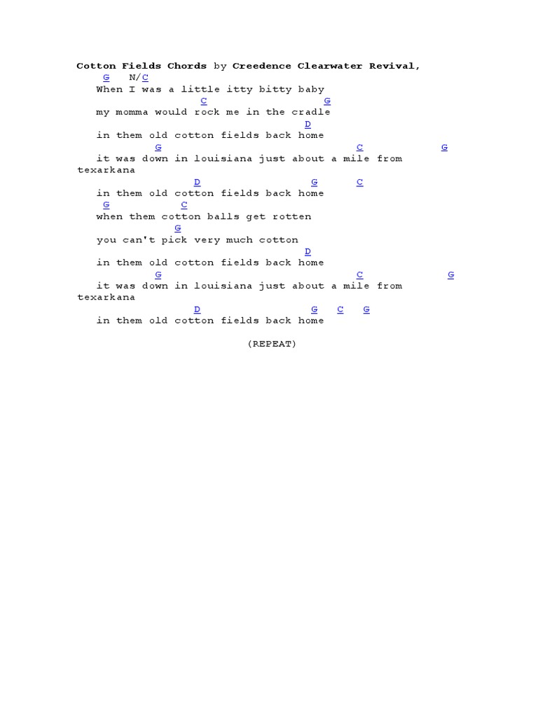 Cotton Fields Chords by Creedence Clearwater Revival PDF