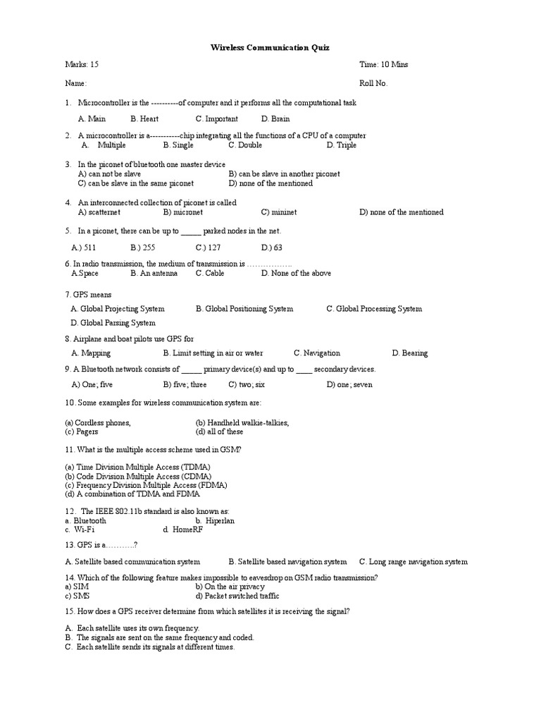 Wireless Communication Quiz PDF Channel Access Method Standards