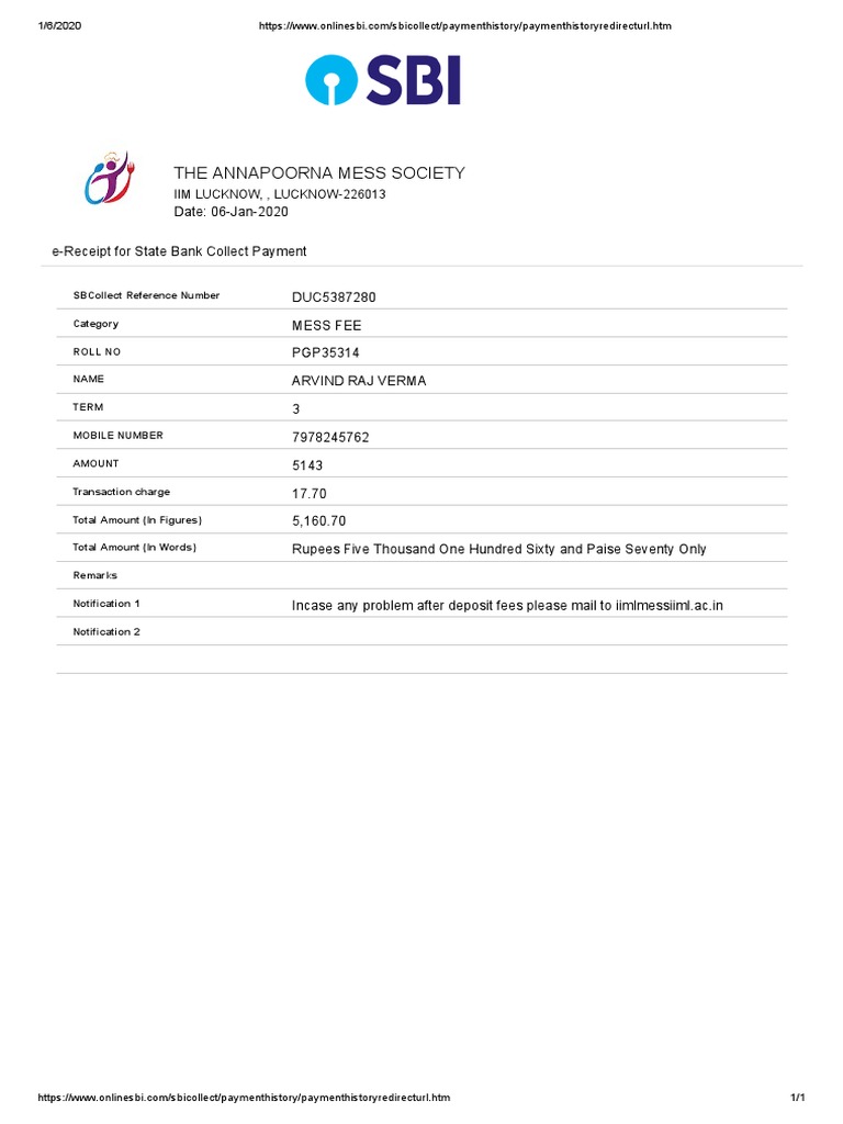 Annapoorna Mess Fee Receipt - IIM Lucknow | PDF