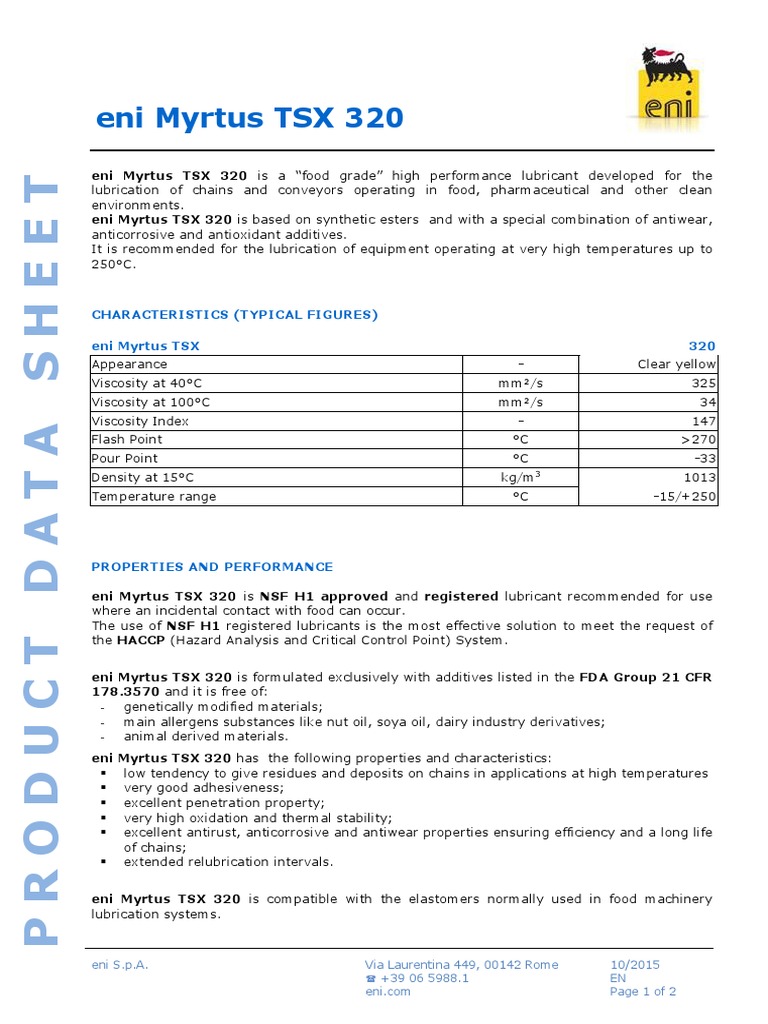 Characteristics (Typical Figures) Eni Myrtus TSX 320 PDF Lubricant
