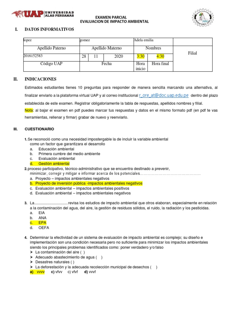 Examen de Evaluación Ambiental UAP | PDF | Evaluación de impacto ...