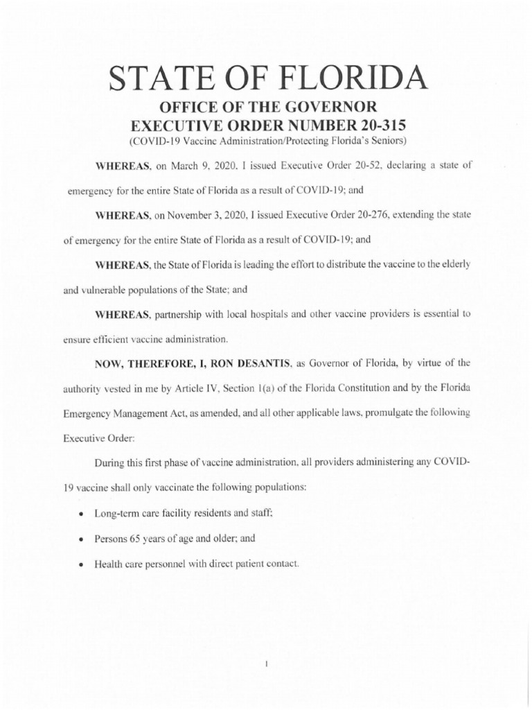 State of Florida Office of The Governor Executive Order Number 20315