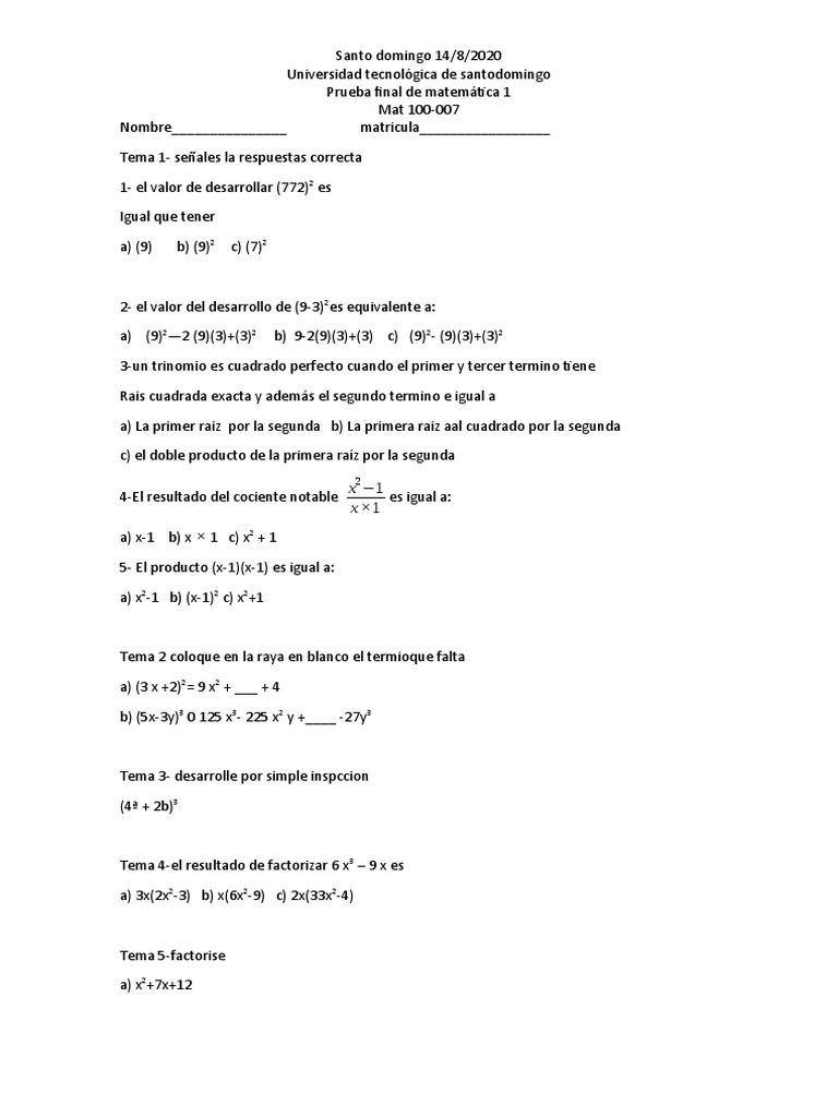Examen Final Matematica 1 | PDF