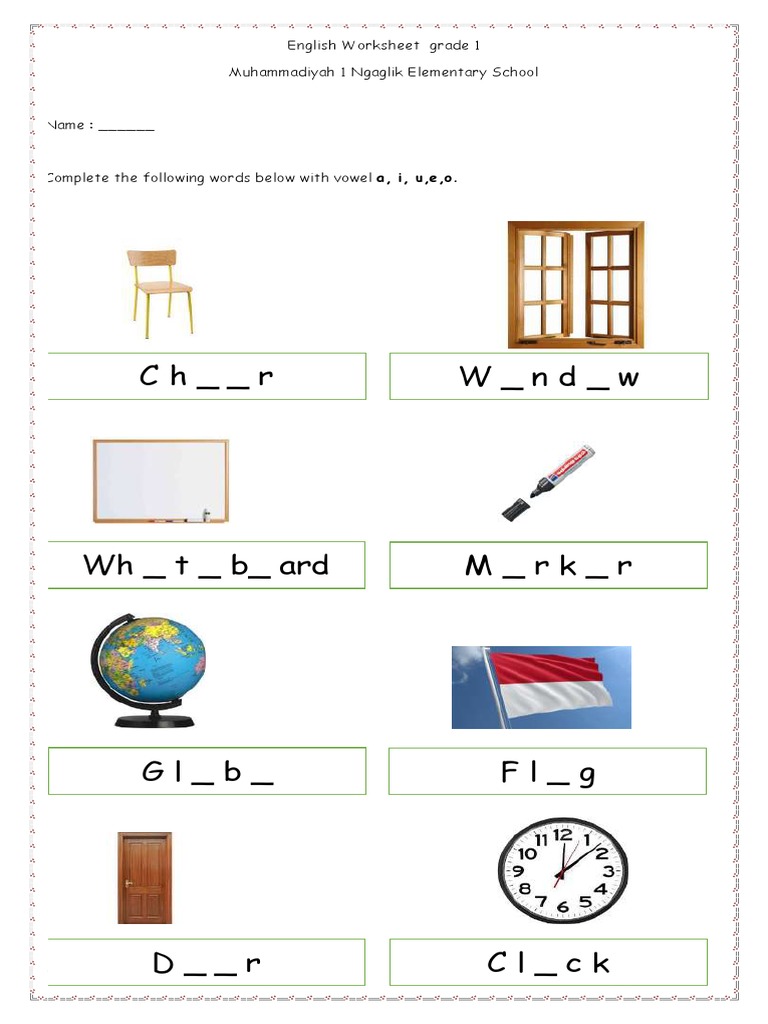 Classroom Objects Worksheet for Grade 1 | PDF