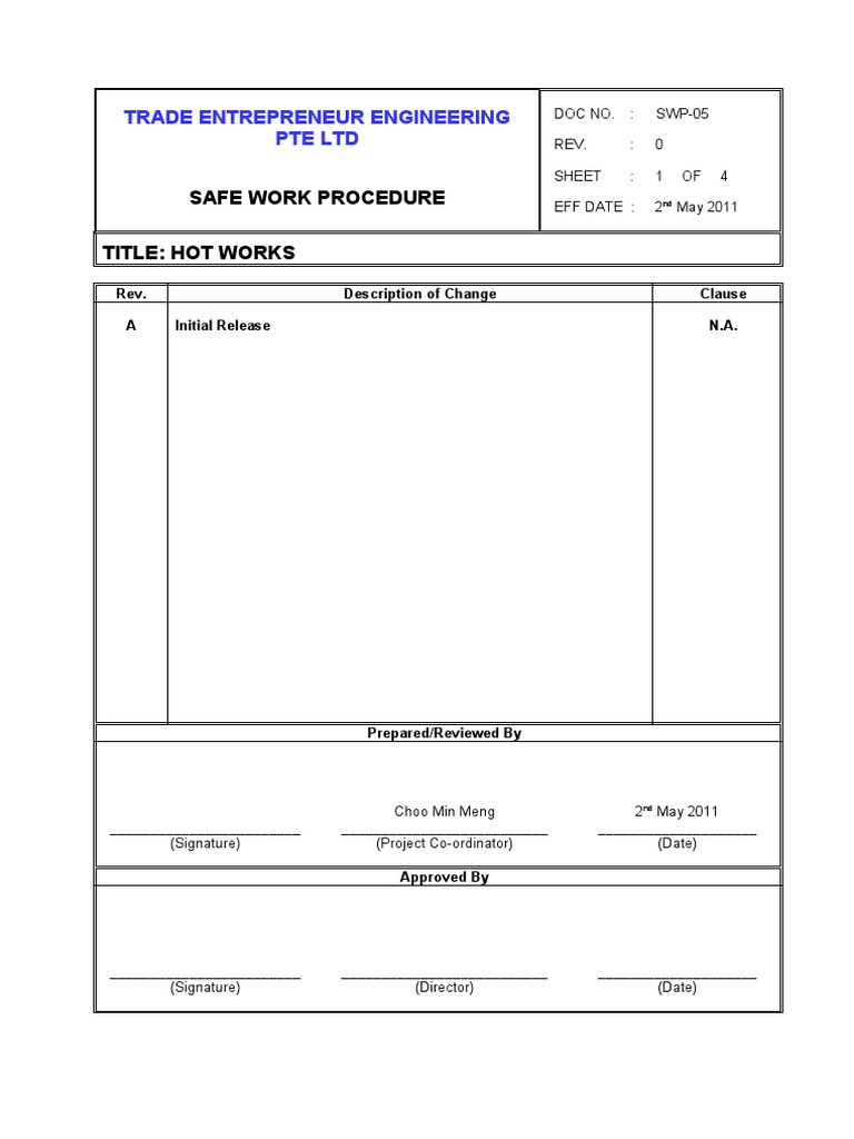 Hot Work Safety Procedures | PDF | Supervisor | Welding
