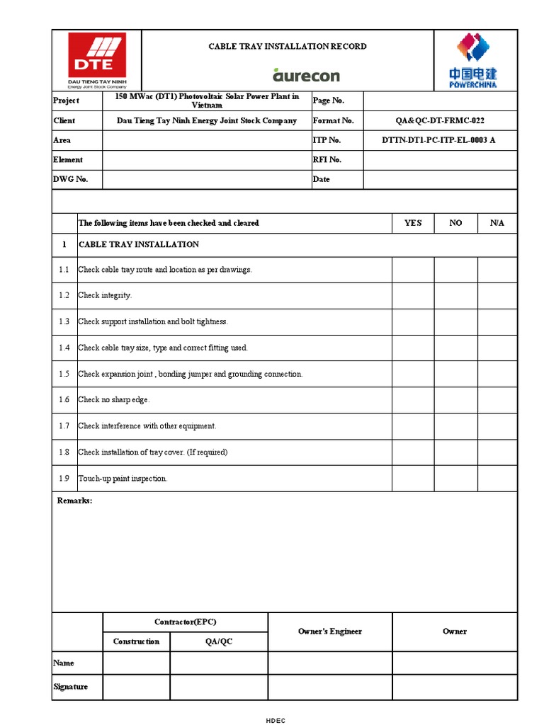 Cable Tray Installation Record Template | PDF