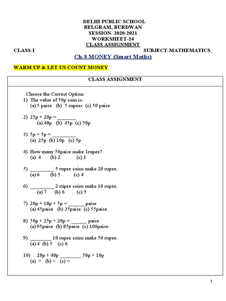 Class I Mathematics: Money Worksheet | PDF