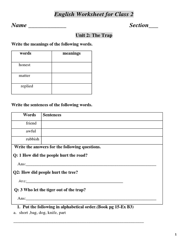 English Worksheet For Class 2 Name - Section | PDF | Syntactic ...