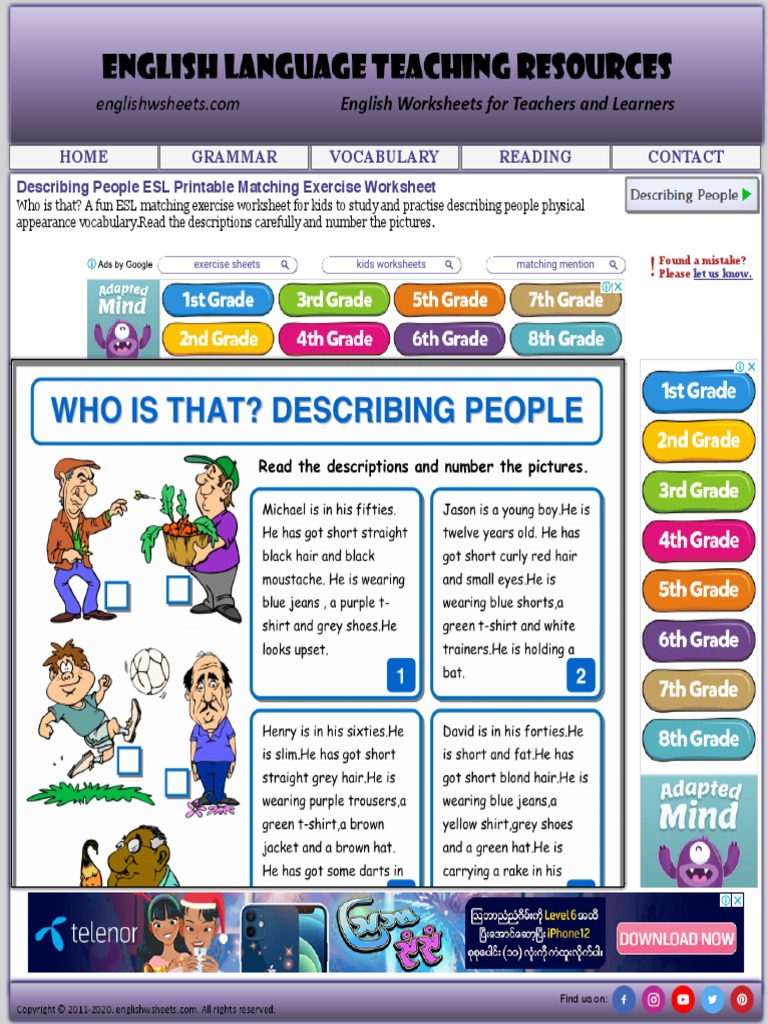 Describing People ESL Worksheet | PDF
