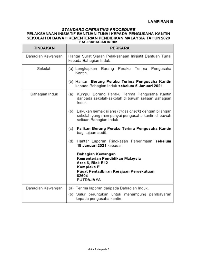 Lampiran B Sop Pelaksanaan Inisiatif Bantuan Tunai Pengusaha Kantin Bahagian Induk Pdf