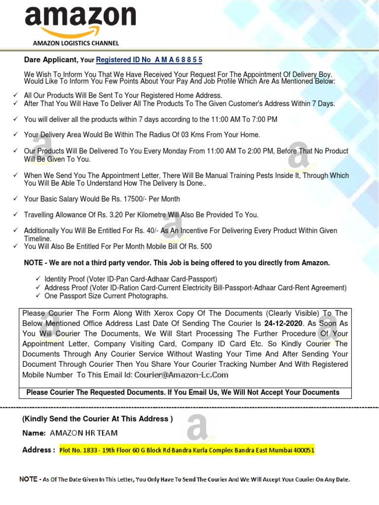 Amazon Job Confirmation Letter PDF Courier Service Industries
