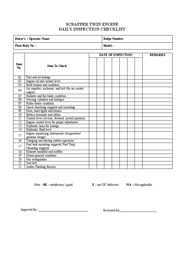 Daily Inspection Checklist for Scrapper Twin Engine | PDF