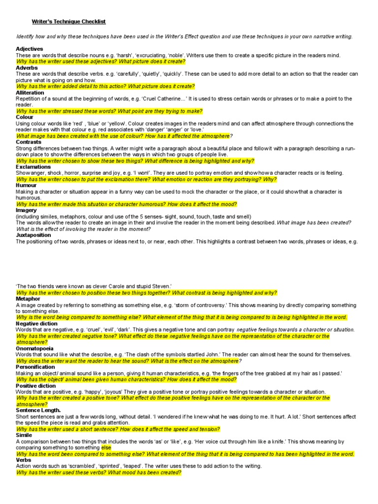 Writers Effects Checklist PDF Writers Adjective