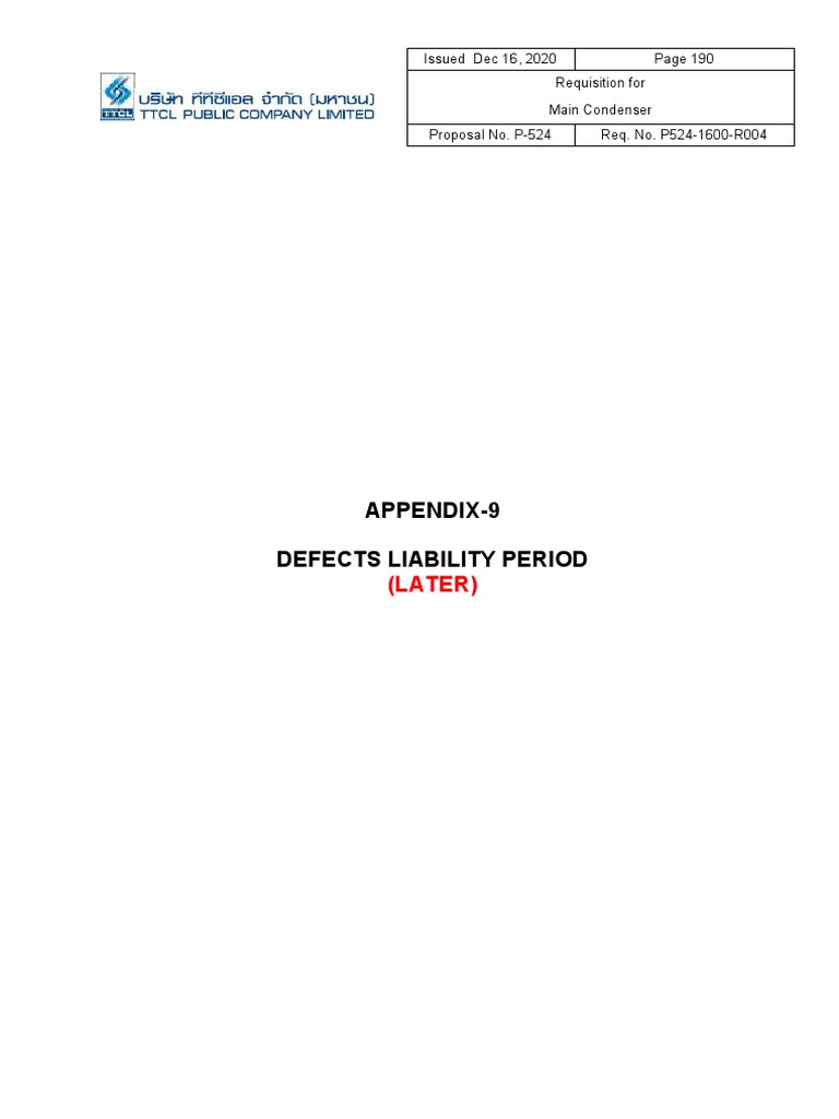 10 - APPENDIX-9 - Defects Liability Period (Later) | PDF