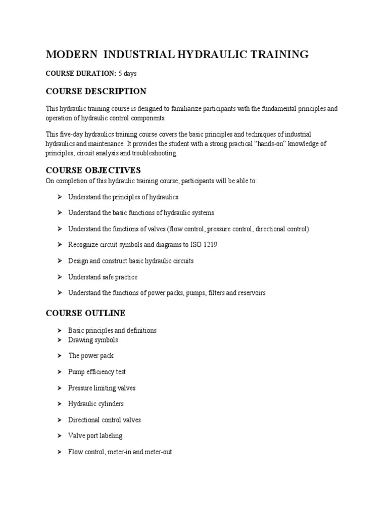 Modern Industrial Hydraulic Training Course Description PDF