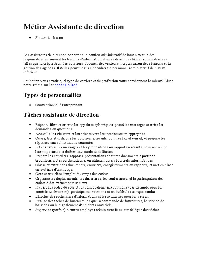 Tâches et compétences d'une assistante de direction | PDF ...