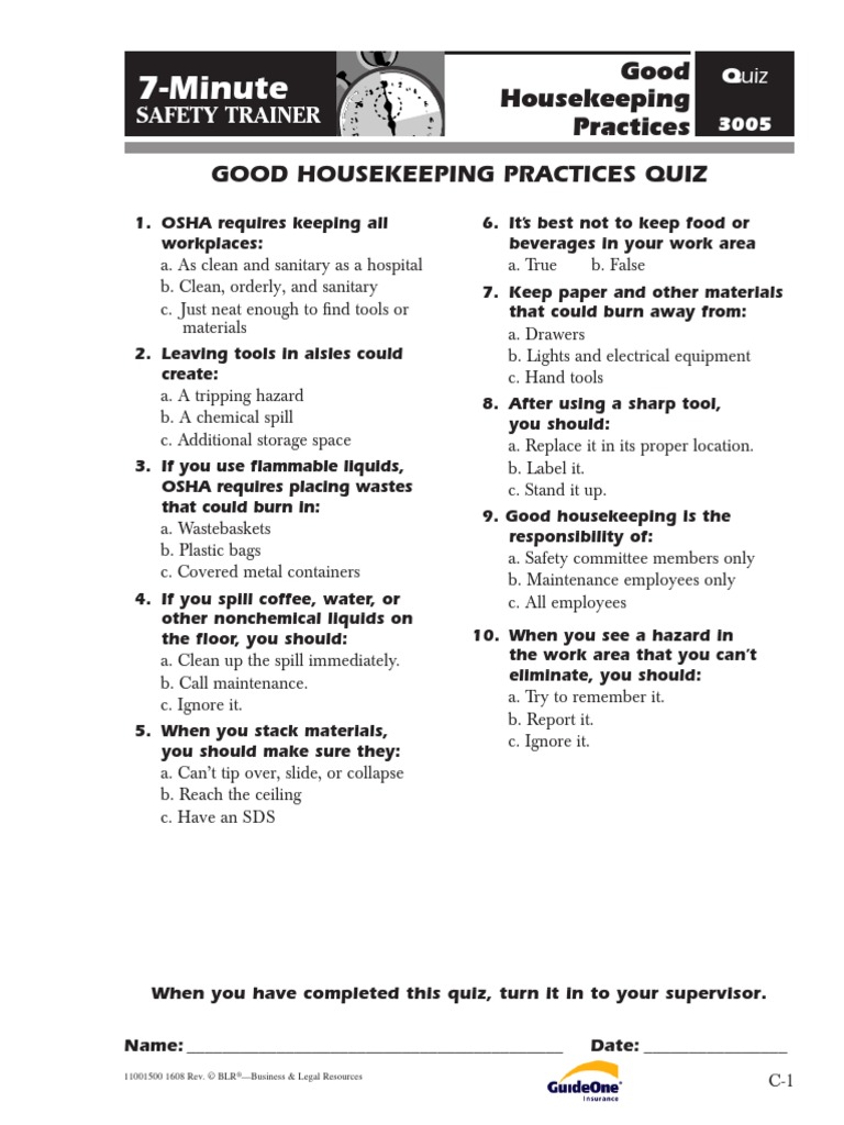 Good Housekeeping Practices Quiz | PDF | Housekeeping | Occupational Safety  And Health