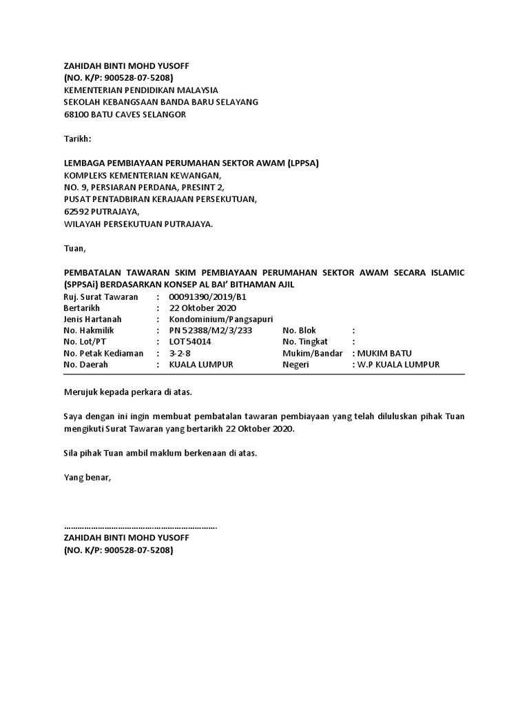 Surat Pembatalan Pinjaman Lppsa | Pdf