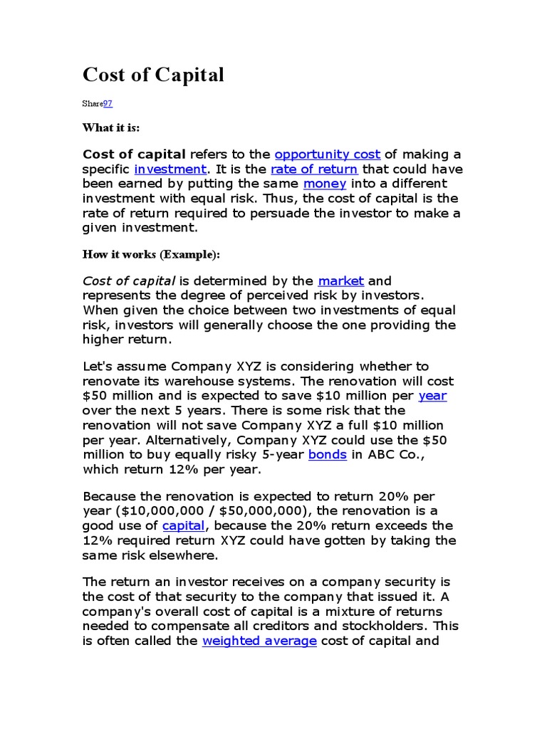 What It Is Cost of Capital Refers To The PDF Cost Of Capital