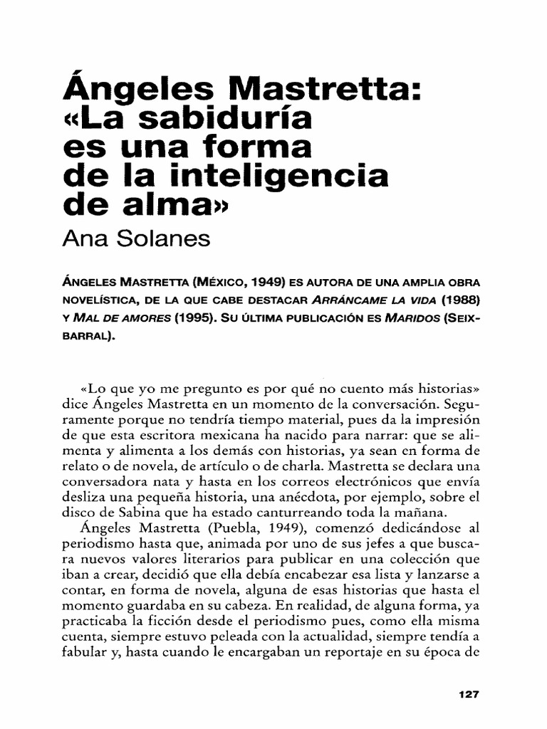 Angeles Mastretta La Sabiduria Es Una Forma de La Inteligencia Del Alma PDF  | PDF | Novelas | Amor