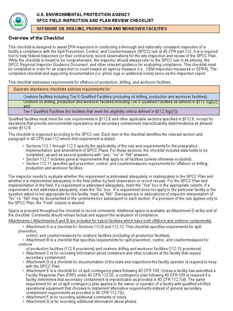 Overview of The Checklist U.S. Environmental Protection Agency SPCC