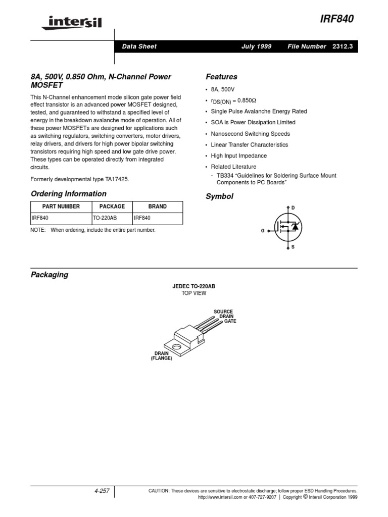 Datasheet IRF840 MOSFET PDF Field Effect Transistor Mosfet